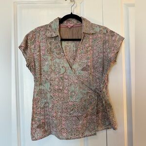 Fat Face Women’s Short Sleeve Floral Wrap Shirt Brown Green Pink (Size 12UK/8US)